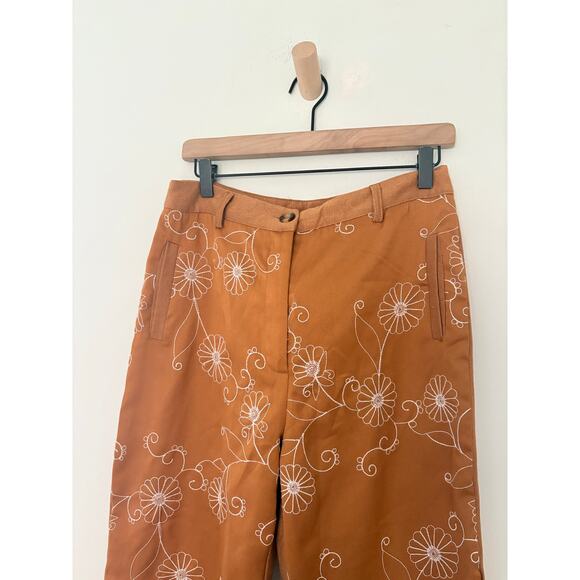 NWT Cider Corduroy Floral Embroidered Pants Womens Large Camel Retro 70s Hippie - Picture 2 of 8